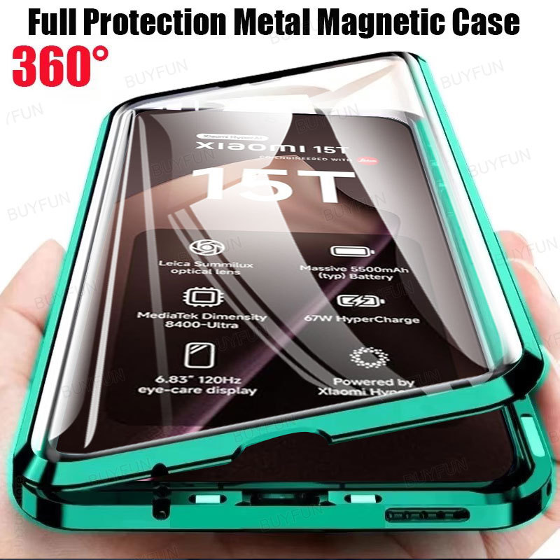 360° Adsorption Metal Magnetic Flip Case For Xiaomi Mi 15T Mi15t Pro Mi15 T 15tpro t15pro 5G Doubld-sided Tempered Glass Front Back Protect Casing with Camera Lens cover