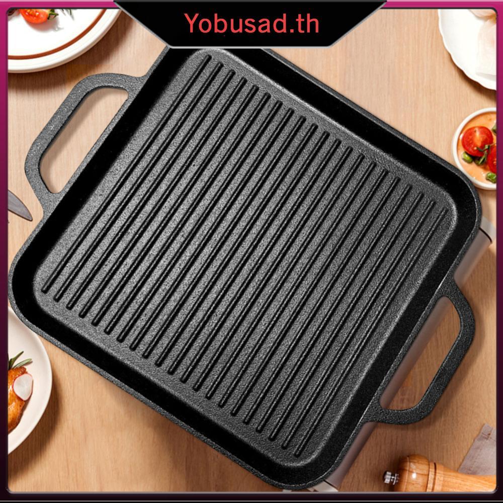 [Yobusad.th] 11in Cast Iron Griddle Pan Reversible Square Grill Plate สําหรับเตาอบเตาตั้งพื้นแก๊ส