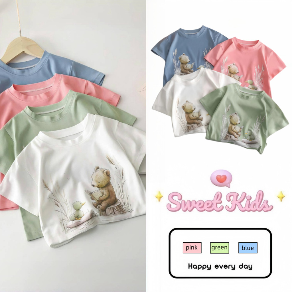 SweetKids พร้อมส่งจากกทม🌸แขนสั้นเด็ก🍓เสื้อยืดการ์ตูนหมีน่ารัก หลวมและสะดวกสบาย สําหรับฤดูร้อน แฟชั่น