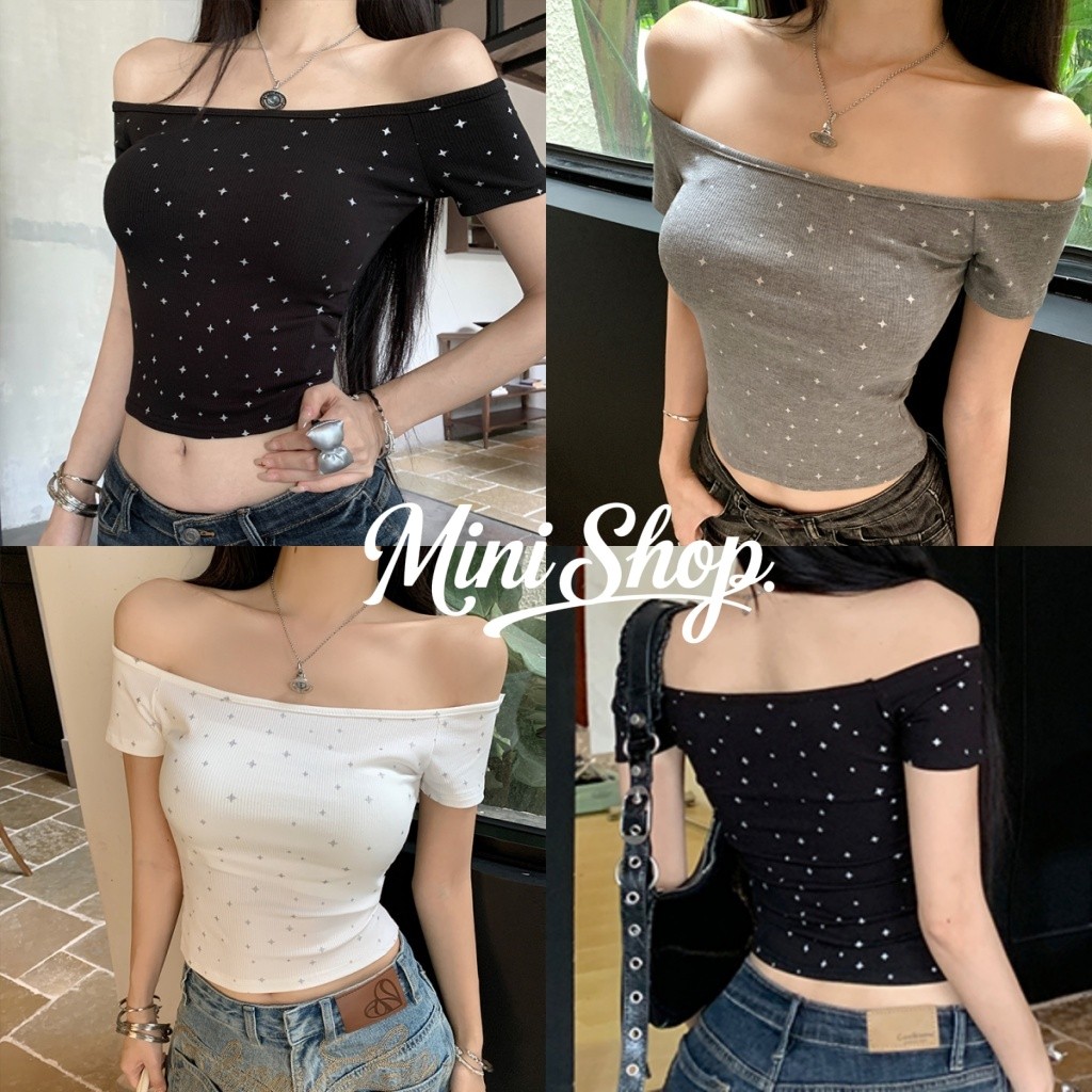 Mini shop🌸พร้อมส่ง🌸(FYB24)เสื้อครอป คล้องคอ โชว์หลัง สีพื้น ท็อปปิ้งระบายชายเดียวแต่งรูด ผู้หญิง เซ็