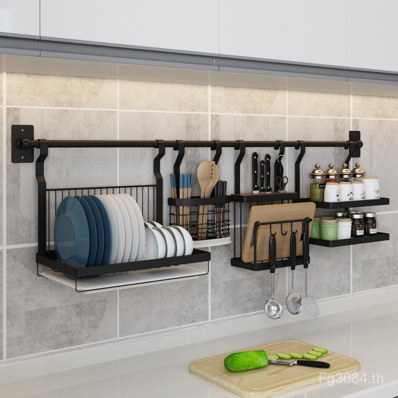 ชั้นวางสแตนเลสเจาะฟรีติดผนังอุปกรณ์เครื่องปรุงท่อระบายน้ําชั้นเก็บแขวนเครื่องครัวชั้นวางจานห้องครัว 