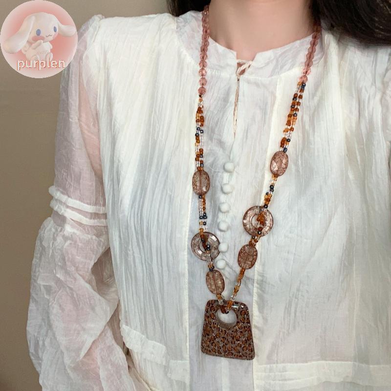 Purplen ชาติพันธุ์ Sle รอบเรซิ่นเสือดาวเสื้อกันหนาวยาวสร้อยคอ Retro จี้คริสตัลหญิงเครื่องประดับคออุป