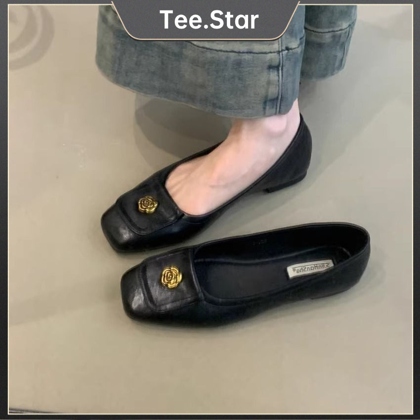 [Tee.star] รองเท้าแฟลตสไตล์ฝรั่งเศส หนังนุ่ม สวมสบาย สายรัดหัวเข็มขัด ส้นกลาง 3-5 ซม. ลุควินเทจผู้หญิง 2025