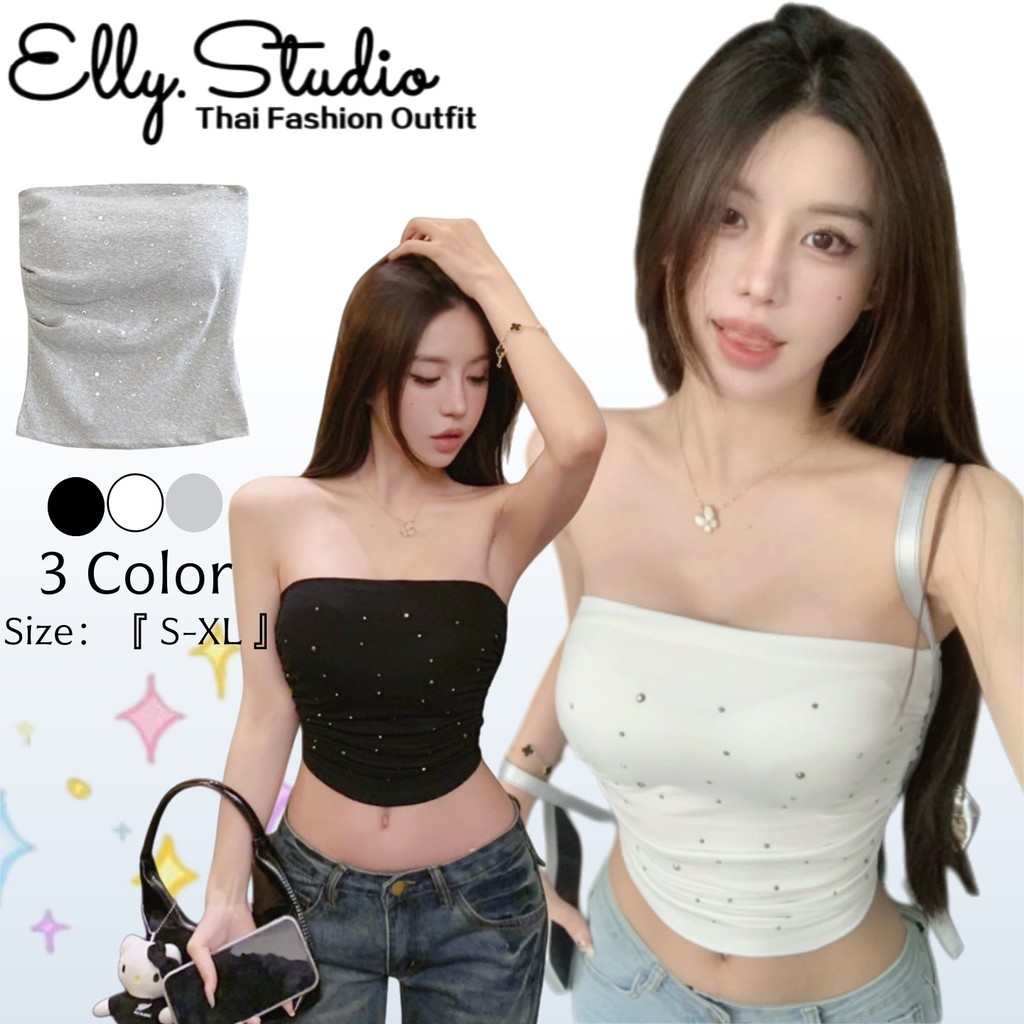 Elly พร้อมส่ง🍒เสื้อครอปทรงรัดรูป🍒มีฟองน้ำ เสื้อเกาะอกติดเพชร ดูแพง เซ็กซี่แฟชั่นผู้หญิง สีดำ สีขาว สีเทา ดีไซน์เก๋ๆ