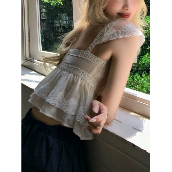 KEMEJA [Verve ตู้เสื้อผ้า] เสื้อลูกไม้ฝรั่งเศสสําหรับผู้หญิงเสื้อแขนสั้นดีไซน์ใหม่ฤดูร้อน