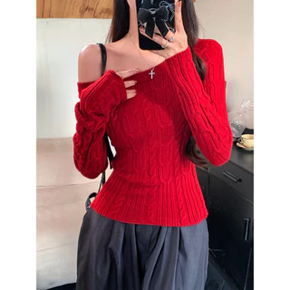 Moses Queen เสื้อถักไหล่เฉียงสไตล์เกาหลีลายเกลียววินเทจ โชว์ไหล่ ผอมเพรียว ใส่เป็นเสื้อชั้นในได้ง่าย