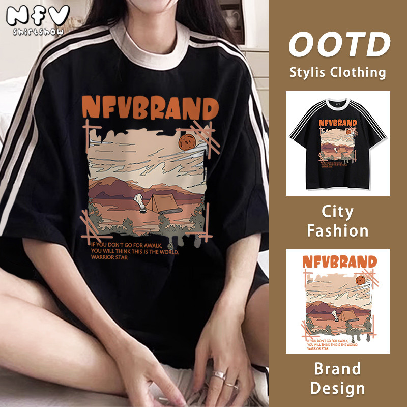 NFV แฟชั่นเกาหลี✨เสื้อยืดแขนสั้นคอกลม ลายพิมพ์การ์ตูนแอนิเมชัน oversize ทรงหลวม ผ้าฝ้าย YG671