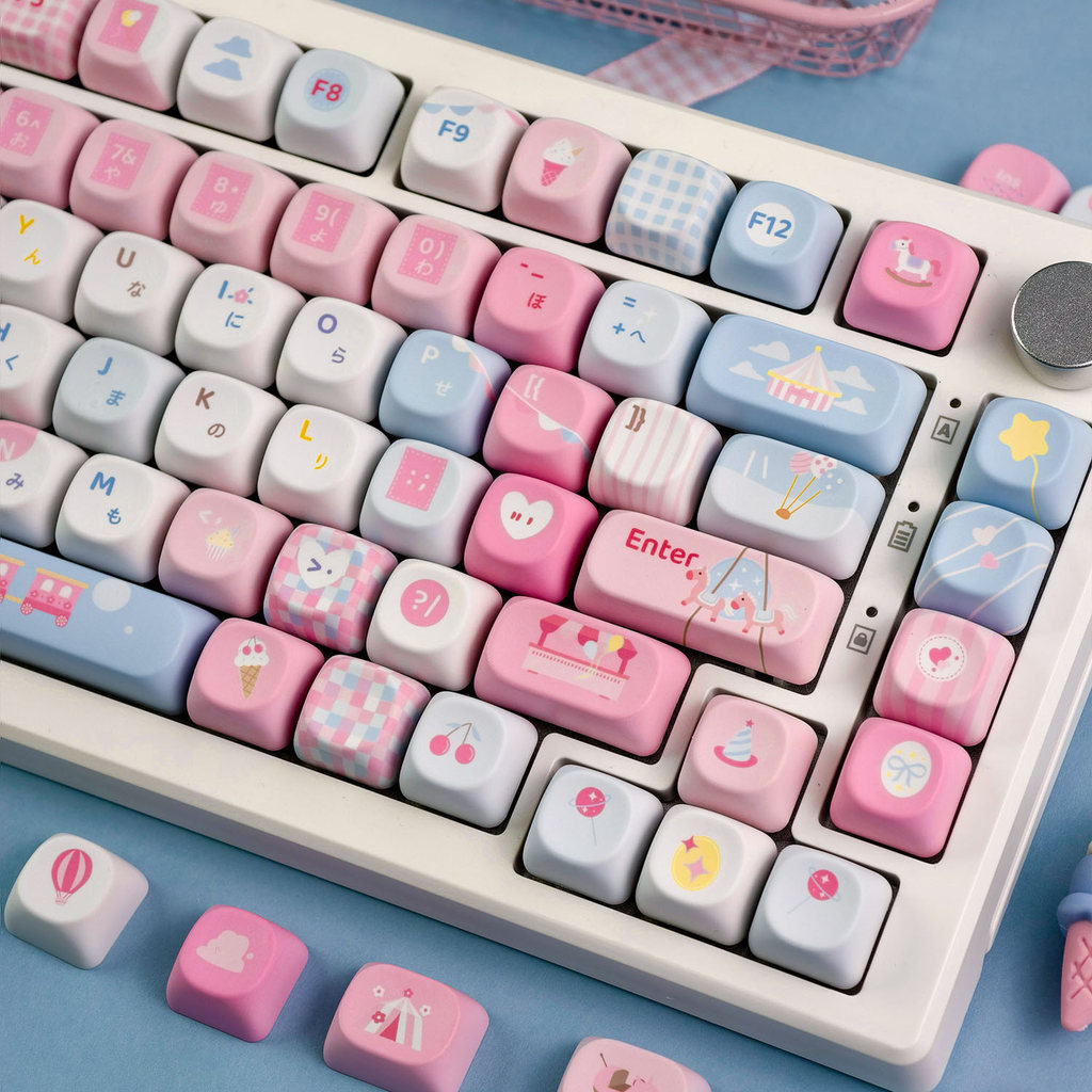 MAIMOOO น่ารักการ์ตูนสวนสนุก Fair Keycap MOA/เชอร์รี่โปรไฟล์ 120 คีย์ PBT EN/TH/KR Dye Sublimation Aula F75 รอบสีชมพูสีฟ้าญี่ปุ่น Keycaps กระต่ายสวนสนุก Keycap