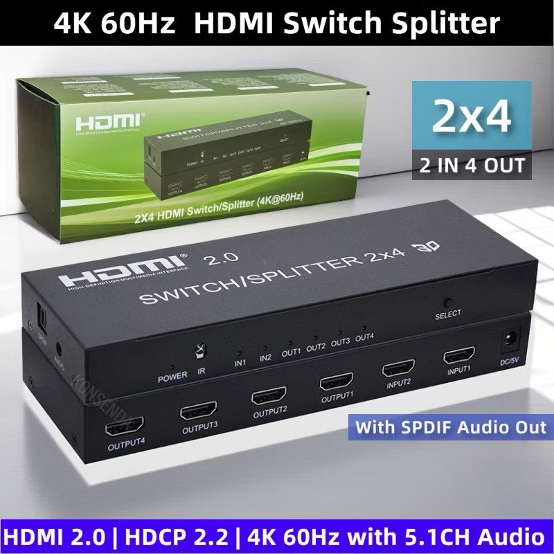 HDMI 2x4 SWITCH 4K 60Hz เข้า 2 ออก 4 จอพร้อมกัน รองรับความละเอียด 1080P