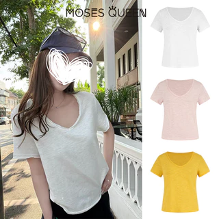MOSESQUEEN เสื้อยืดระบายอากาศคอวีรีดขอบขี้เกียจและสะดวกสบายสําหรับผู้หญิง - เสื้อเชิ้ตแขนสั้นสีบริสุทธิ์กระชับสัดส่วน #63901