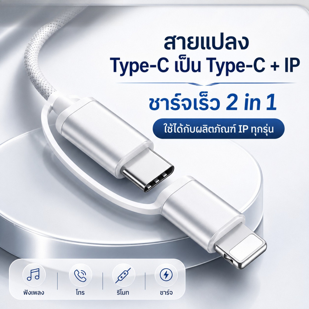 สายชาร์จเร็ว PD 60W 2in1 Type-C to Type-C + IP สายชาร์จถัก USB C 1 เมตร สำหรับ iPhone iPad MacBook M