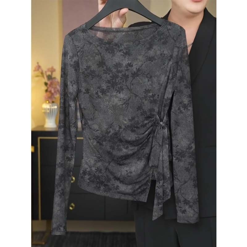 Net Yarn T-Shirt Womens Blouse Butterfly Print Classy Laced-Up Design Sunscreen Top#网纱T恤女搭罩衫蝴蝶印花气质绑带