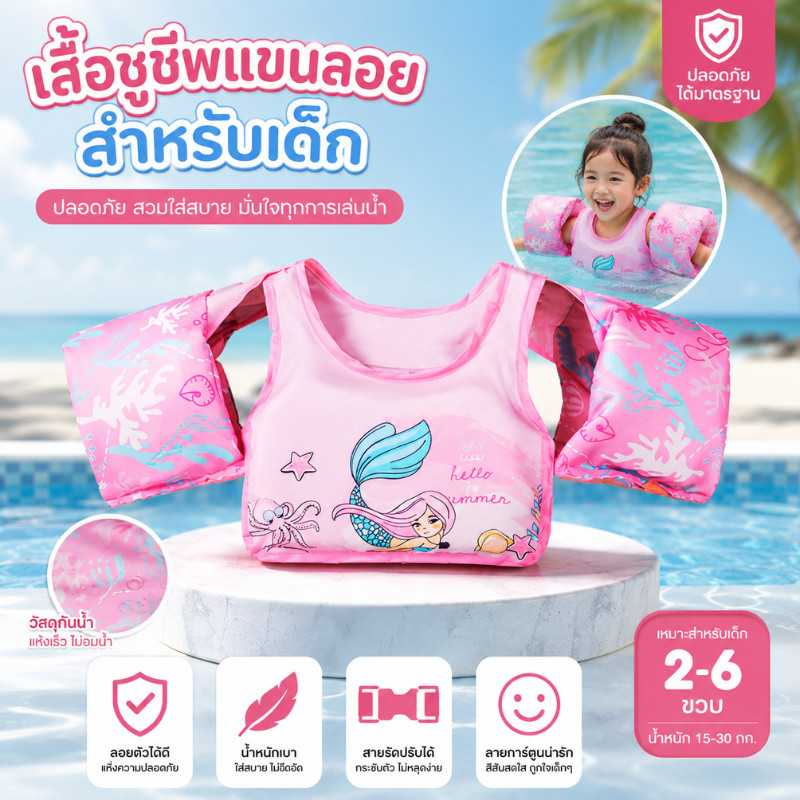 ZB1 HOME คุณภาพสูง เสื้อชูชีพเด็ก ปลอกแขนว่ายน้ำ โฟมพยุงตัวเด็กแบบเสื้อ ลายน่ารัก