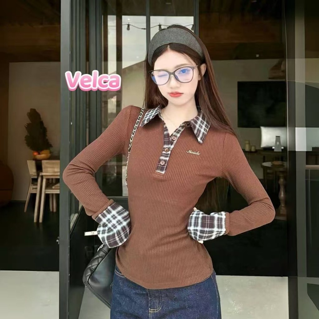 ส่งจากไทยทุกวัน เสื้อยืดผู้หญิง แขนยาว คอโปโล ทรงเข้ารูป มีสีให้เลือกมากมาย Velca