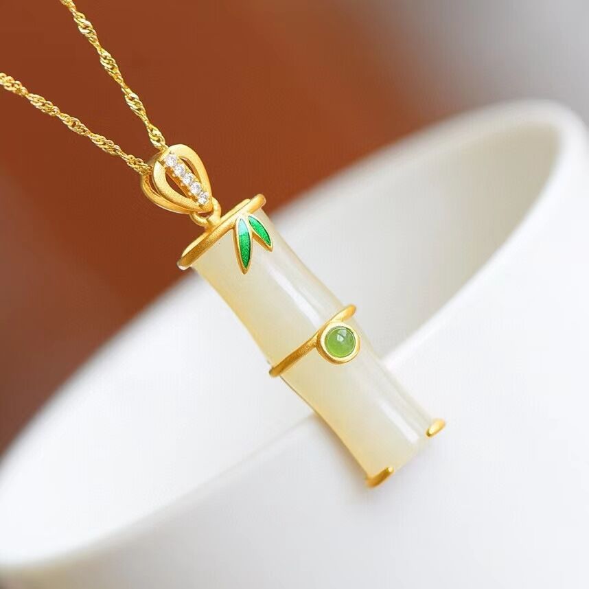 925 เงินฝังธรรมชาติ Hetian หยกไม้ไผ่จี้ Node Rise สุภาพสตรีสร้อยคอ Clavicle Chain