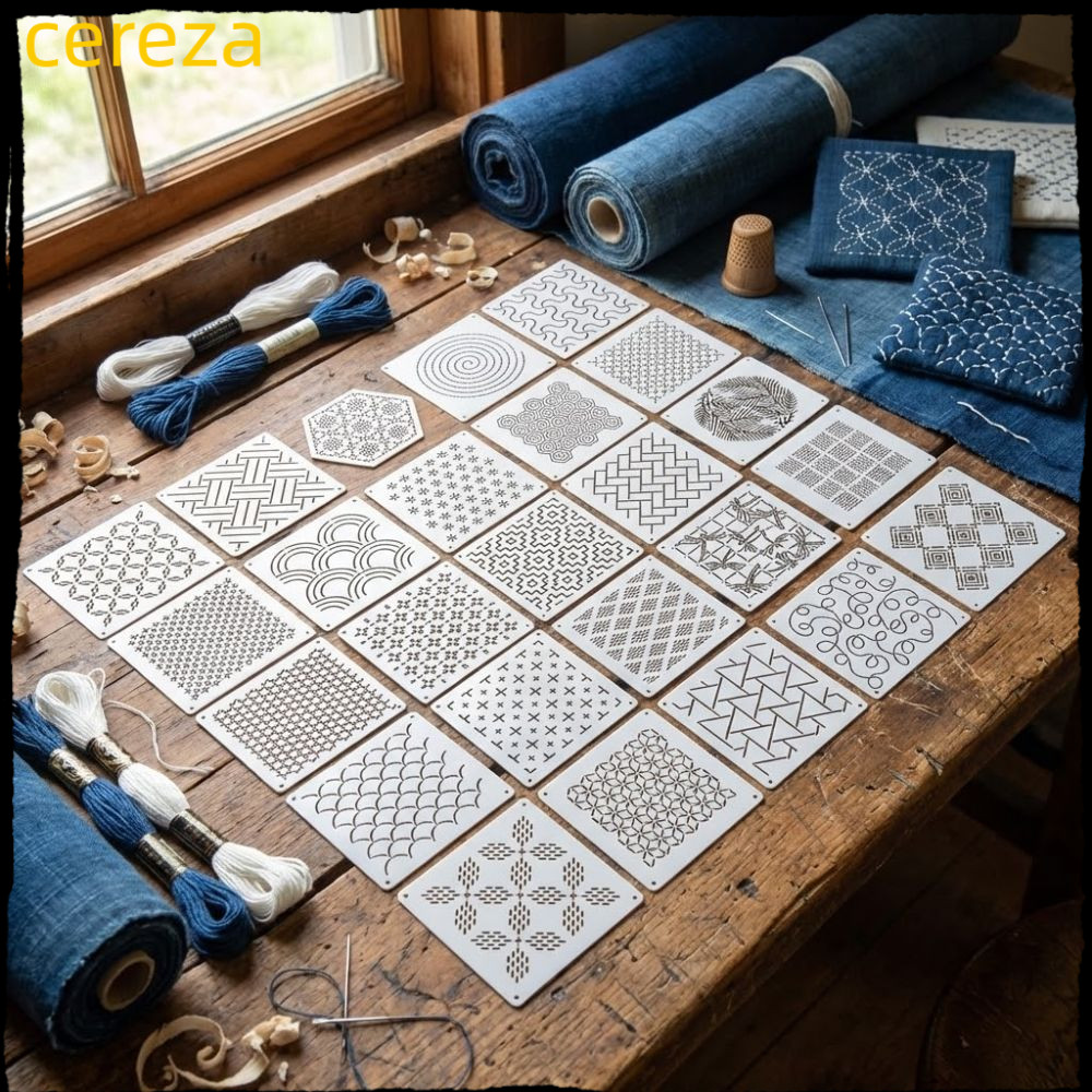 CEREZA 20 ชิ้น/25 ชิ้น Sashiko เย็บปักถักร้อยแม่แบบ,รูปแบบเรขาคณิต PET Sashiko ชุดลายฉลุ, คุณภาพสูง DIY Handmade Reusable Sashiko ด้ายชุดเริ่มต้น