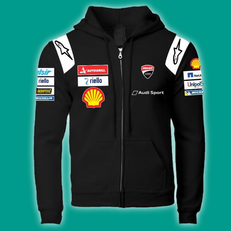 Super Premium: Moto GP 2020 Ducati Racing ทีมโลโก้ Racer Mens Casual Long Sleeve Hoodie Full Zipper 