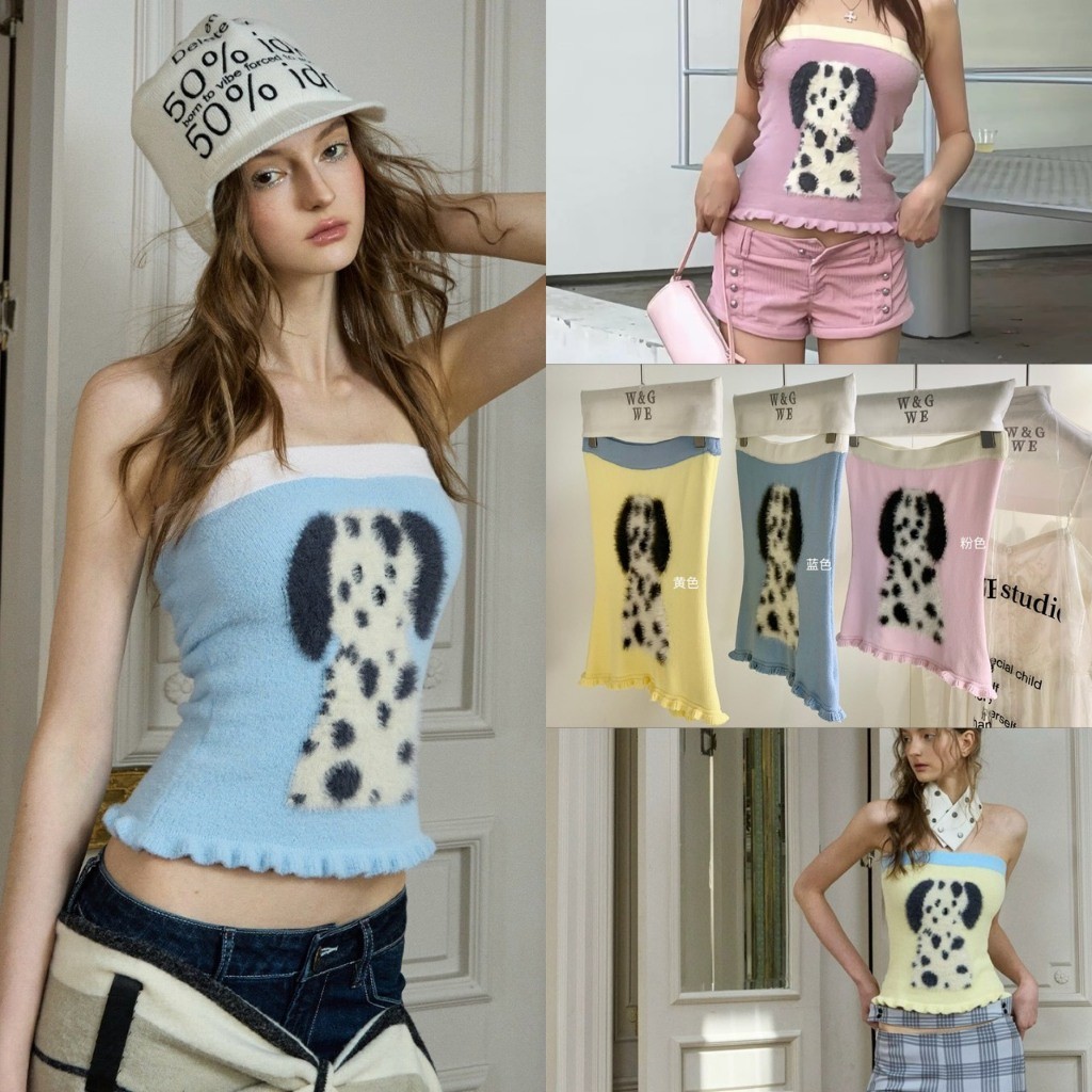 ❤ 🧵 🇰🇷 W10363 เกาะอกไหมพรมผู้หญิง Tube Knit Top ลายน้องหมาดัลเมเชียน  เสื้อเกาะอก แฟชั่นเกาหลี TAG WG.WE 🧡