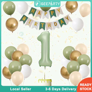 GeeParty ชุดลูกโป่งวันเกิด 31 ชิ้น สีเขียวเซจ พร้อมแบนเนอร์เขียวสไตล์เรโทร ลูกโป่งฟอยล์ตัวเลขสีเขียวมะกอก 32 นิ้ว ตกแต่ง