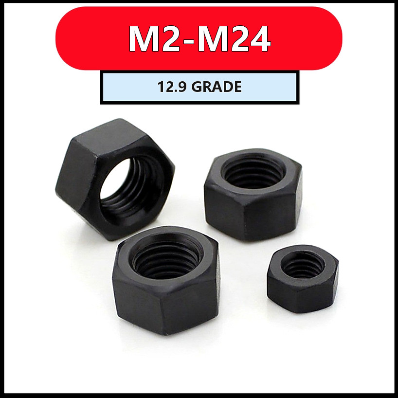 น็อตหกเหลี่ยม M2-M24 เหล็กเกรด 12.9 รมดำ แข็งแรง (1-100pcs) [FKY-M1]
