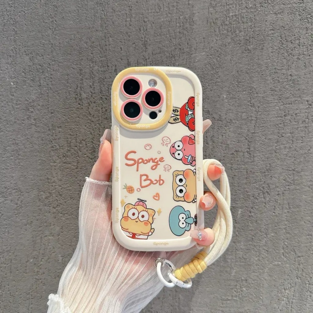 เคสโทรศัพท์แบบมีเชือกคล้องสำหรับ IPhone 11 13 12 14 17 Air 16 15 Pro Max XR น่ารัก SpongeBob แรงดึงด
