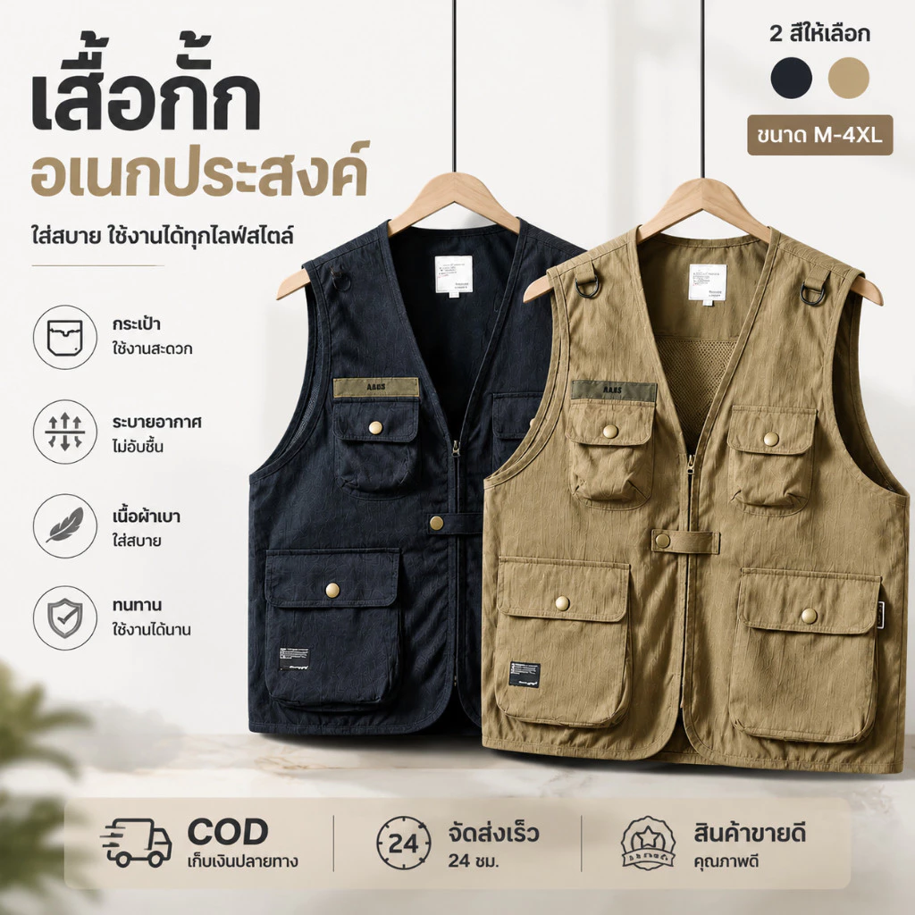 เสื้อกั๊กแคมป์ปิ้ง แขนกุด มีซิปหน้า Camping vest