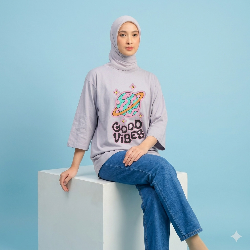 ล่าสุดเสื้อยืดแขน 7/8 ขนาดใหญ่, Good Vibes Friendly Hijab Womens Top