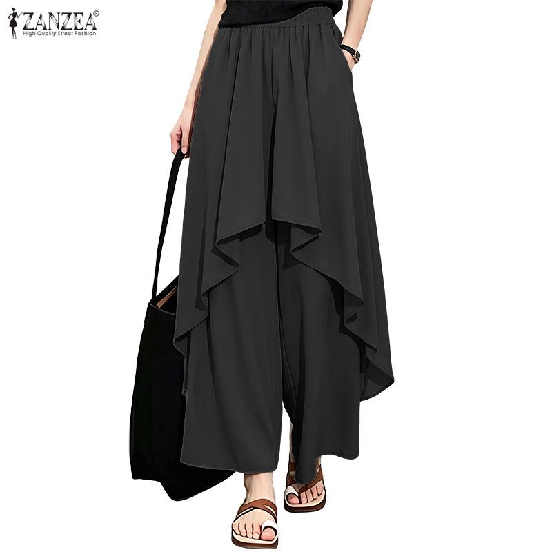 ZANZEA ผู้หญิงเกาหลี Laid กลับสบายๆเอวยางยืด Ruffled การออกแบบชั้นกางเกงขากว้างหลวม