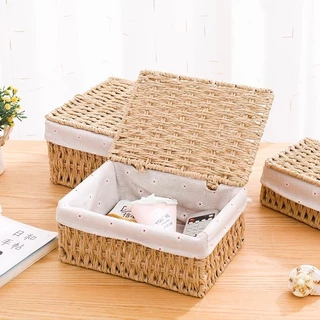 [พร้อมส่ง] ตะกร้าหวายสาน พร้อมฝาปิด อเนกประสงค์ ตะกร้าเก็บหวาย สําหรับเก็บของใช้จิปาถะ เครื่องสำอางค์ ของเล่น
