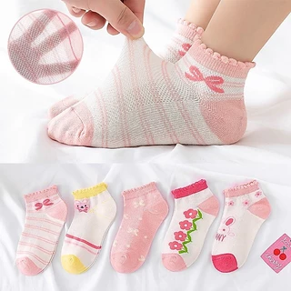 [Local Shipping] 5 คู่ถุงเท้าสาว 1-13Y ฤดูร้อนบางสไตล์ดอกไม้สีชมพูหวานน่ารัก
