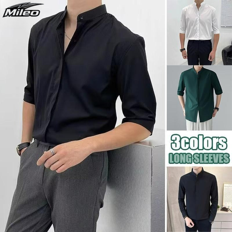 เสื้อคอตั้งเกาหลีขั้นพื้นฐานของผู้ชาย-ดีไซน์ลําลองเรียบง่ายพร้อมปุ่มยกเลิก, ชุดทํางานแขนสั้นสีทึบในสีเขียว, ดํา, ขาว