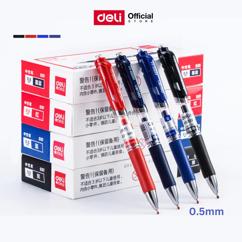 ปากกาเจล Deli แบบกด 0.5 มม. หมึกดำ แดง น้ำเงิน เขียนลื่น เส้นคม สีชัด ไม่เลอะมือ Gel Pen