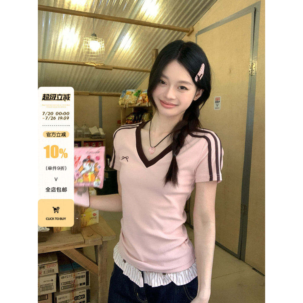 เพลง Zhengen สไตล์เกาหลีคอไหล่สีชมพูแขนสั้นเสื้อยืดผู้หญิงฤดูร้อนปัก Slim-Fit All-Match สาวร้อนขนาดเ