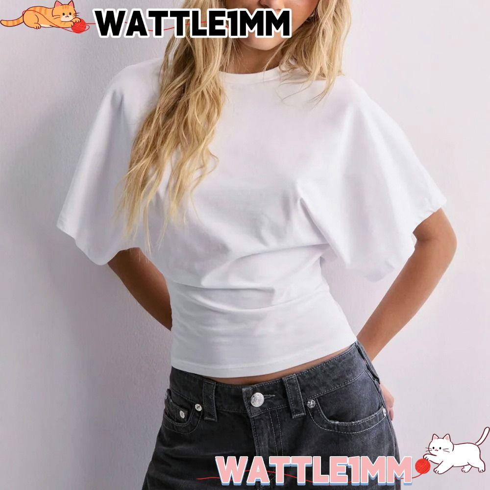 WATTLE1MM เสื้อยืดครอป,O-คอแฟชั่นSlim Fitเสื้อยืดแขนสั้น,ยืดหยุ่นสีทึบRuched Crop O-คอรัดตัวท็อปส์