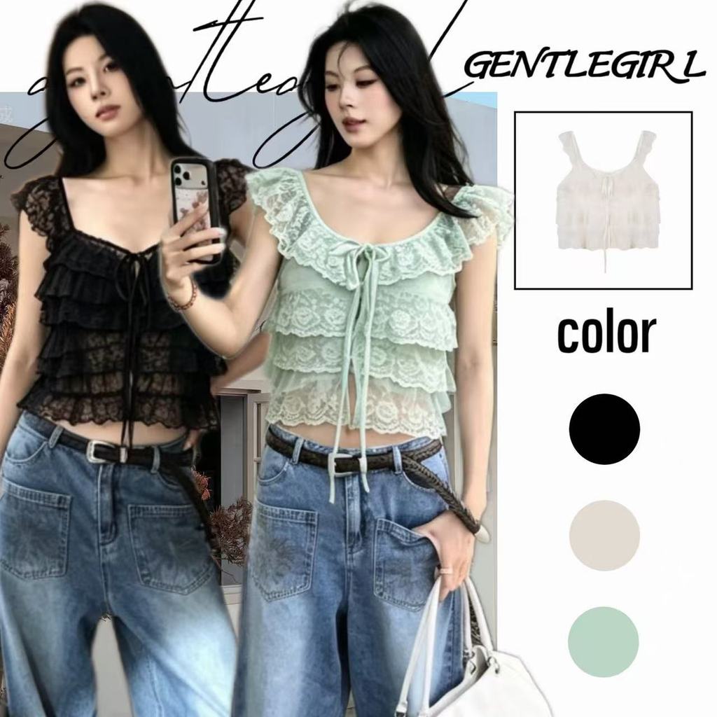 #GG🎀เสื้อสายเดี่ยวผ้าลูกไม้ระบายสำหรับผู้หญิง เสื้อคลุมฤดูร้อน ดีไซน์แบบฝรั่งเศส เสื้อครอปแขนกุดสุดเซ็กซี่และเย้ายวน