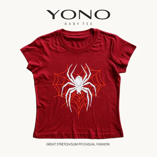 (พร้อมส่ง24ชม.) YONO baby tee สีดำ ลายแมงมุมสีขาวกับใยสีแดง ทรงเข้ารูป สไตล์โกธิค y2k