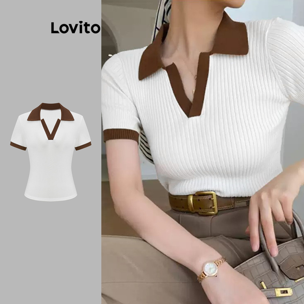 (KOL‘s pick) Lovito แคชชวล ผ้าปะติดสีตัดกันCollar การผูกมัดTextured เสื้อยืดผ้าสําหรับผู้หญิง L121AD1107