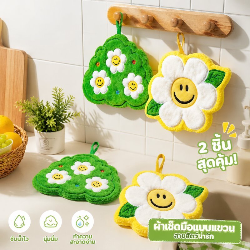 ผ้าเช็ดมือ แขวนได้ เซต 2 ชิ้น ลายดอกทานตะวัน ผ้าไมโครไฟเบอร์ นุ่ม ซับน้ำเร็ว ใช้ห้องครัว ห้องน้ำ