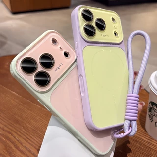 ลาเวนเดอร์ & Lemon Schem + Lanyard ไล่ระดับสีหน้าต่างขนาดใหญ่กรณีปุ่มกล้องสําหรับ iPhone 13 14 15 16 17 Pro Max กรณี Enclosed Anti-fall กันกระแทกปกหลังขอบนุ่ม