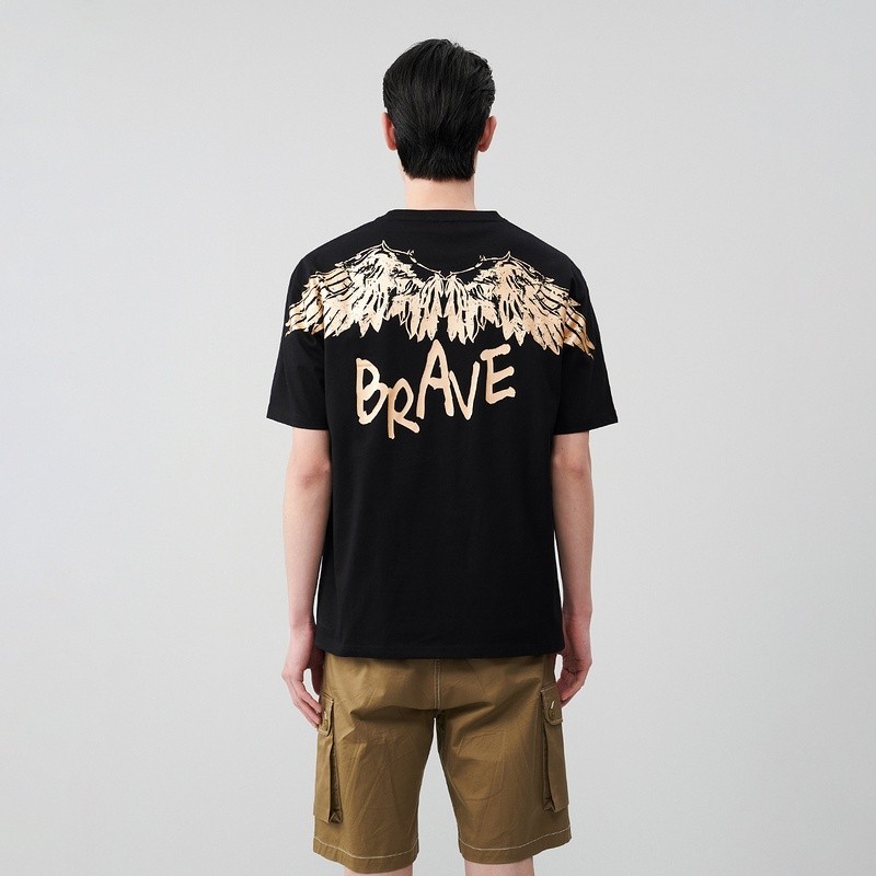 HLA Brave letter wing พิมพ์ผู้ชายอินเทรนด์รอบคอแขนสั้นผ้าฝ้าย 100% street เสื้อยืดแฟชั่น HNTBJ2U160A