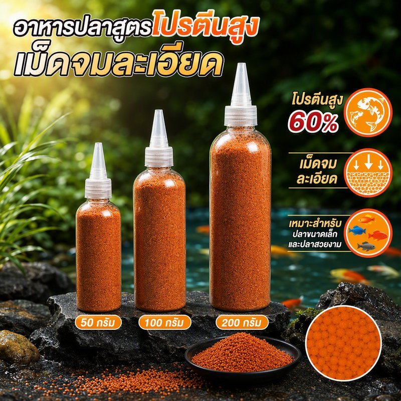 อาหารปลา โปรตีนสูง 60 เปอร์เซ็นต์ เม็ดจมละเอียด อาหารลูกปลา ปลากัด ปลาทอง ปลาเขตร้อน
