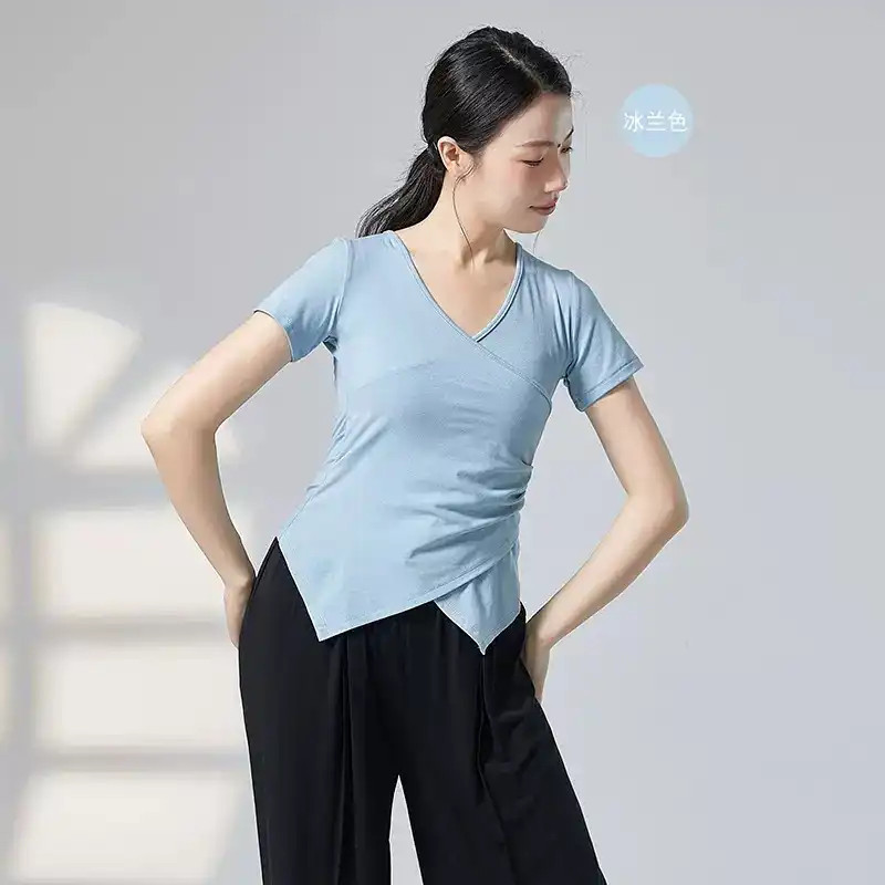[WDF] Sky Blue High Stretch Fabric V คอสุภาพสตรีเสื้อยืดแขนสั้นเรียบง่าย,เสื้อผ้าโยคะเต้นรําประสิทธิ
