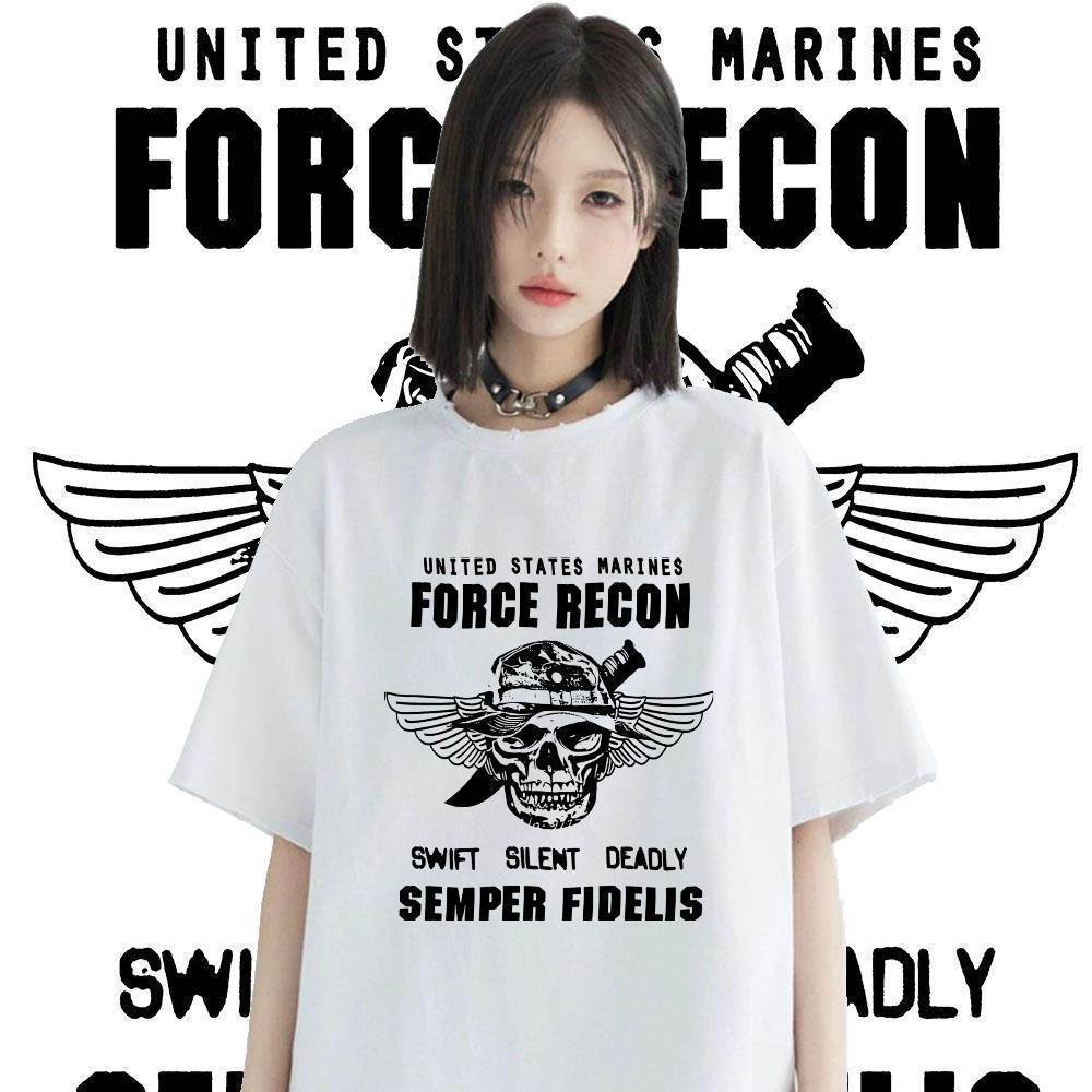 เสื้อยืดกราฟิก USMC Force Recon ผ้าฝ้าย 100%, สไตล์ทหารสำหรับทุกคน