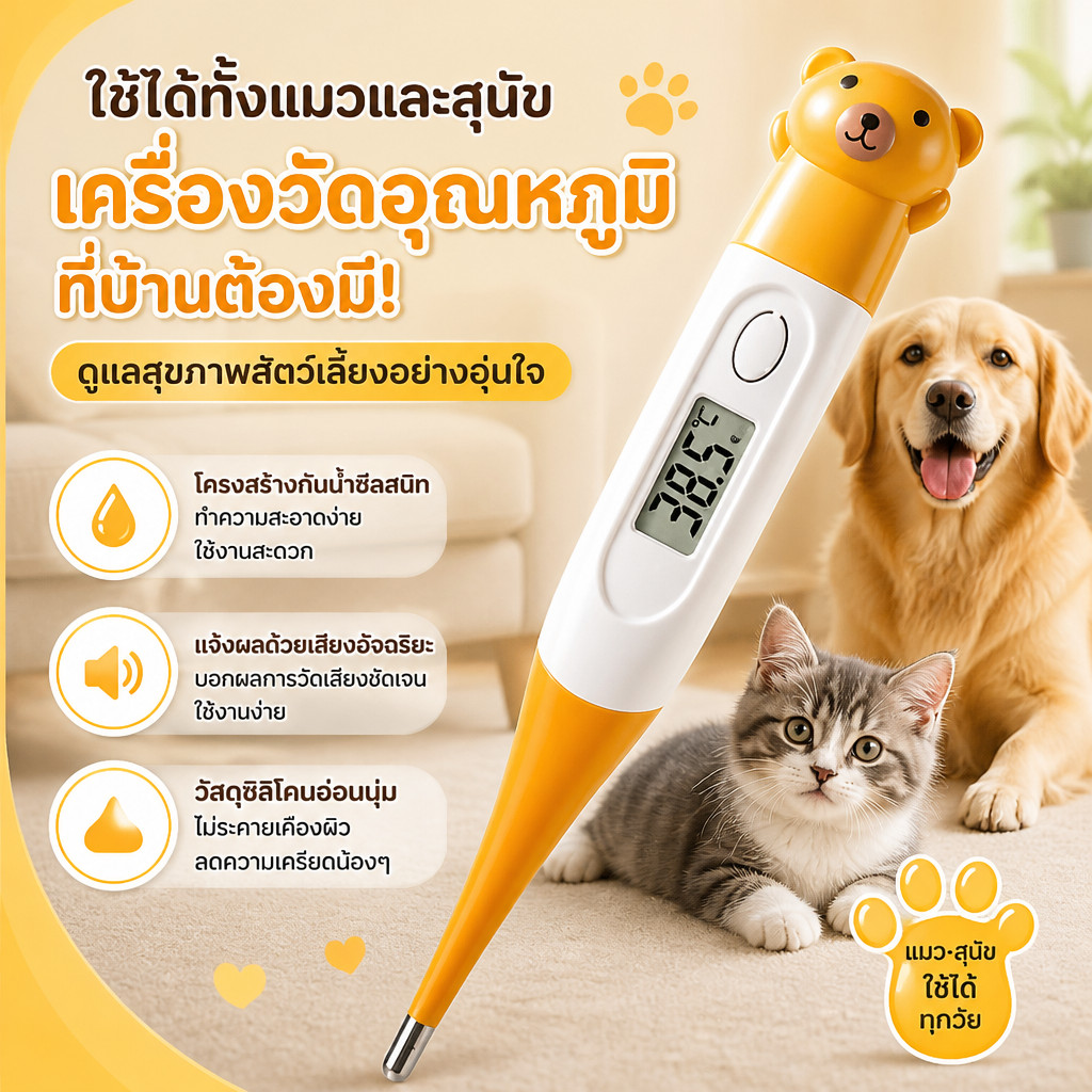 เครื่องวัดอุณหภูมิสัตว์เลี้ยง เสียงอัจฉริยะ หัวซิลิโคนอ่อน การวัดที่แม่นยำ การ์ตูนน่ารัก การตรวจวัดอุณหภูมิร่างกาย