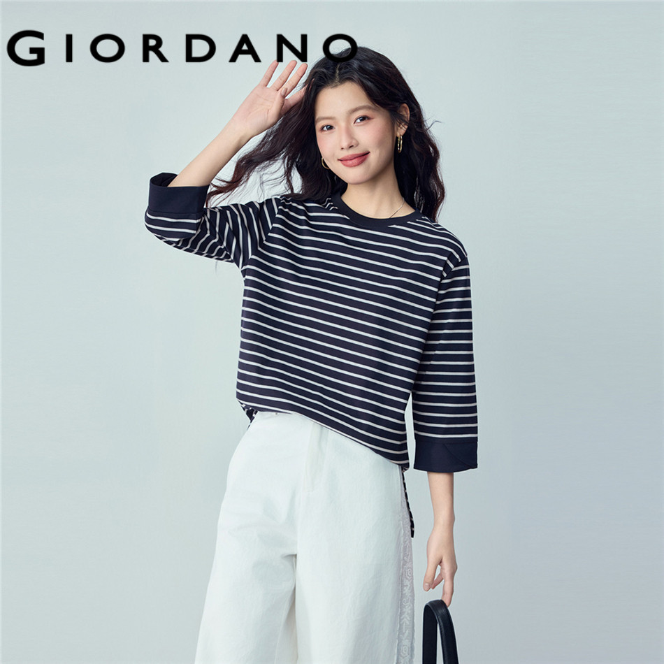 GIORDANO WOMEN 100% Cotton striped 3/4 sleeve tee 05326387