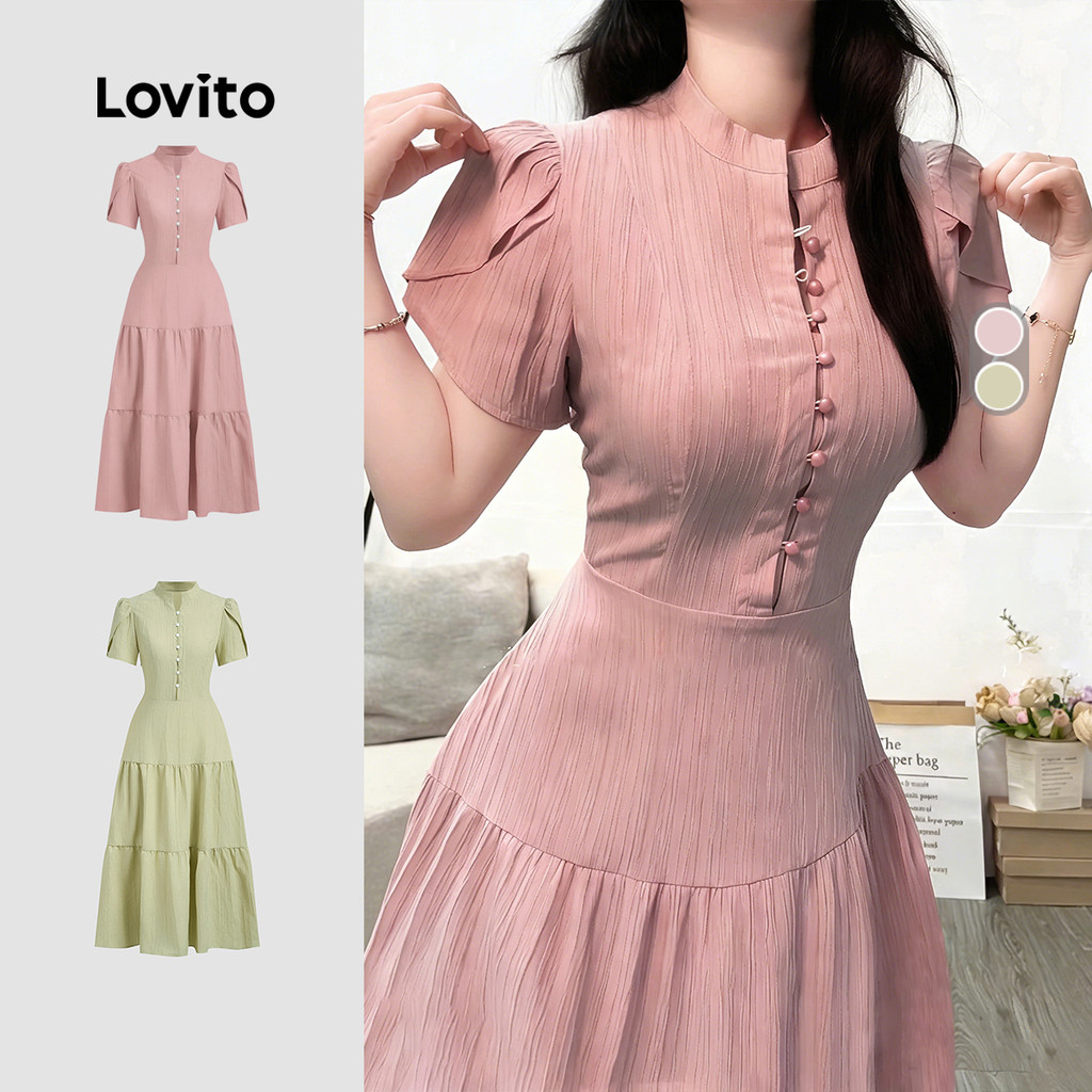 Lovito สง่างาม เดรสสีชมพูสําหรับผู้หญิง เดรสซิปหน้าติดกระดุมฤดูใบไม้ผลิ/ฤดูร้อน สวยหรู LK4LD2789
