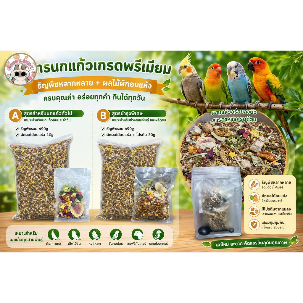 Bunny.indy อาหารนกแก้วธัญพืชและผลไม้อบแห้ง 2 สูตรสุดคุ้ม กินง่าย สะดวกต่อการให้