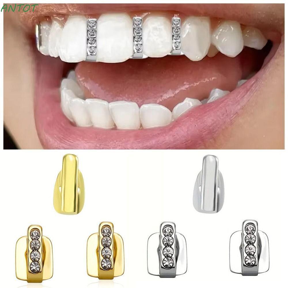 ANTOT 3 ชิ้น Hip Hop ฟัน Grillz, Hollow Shiny Zircon Grillz, Rhinestone ฟันหมวกผู้หญิงผู้ชาย