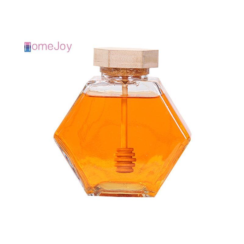 [HomeJoy-t] ขวดน้ําผึ้งแก้วหกเหลี่ยมพร้อมหม้อน้ําผึ้งไม้กวนก้านปิดผนึกขวดแยมใสห้องครัวที่เก็บของในบ้