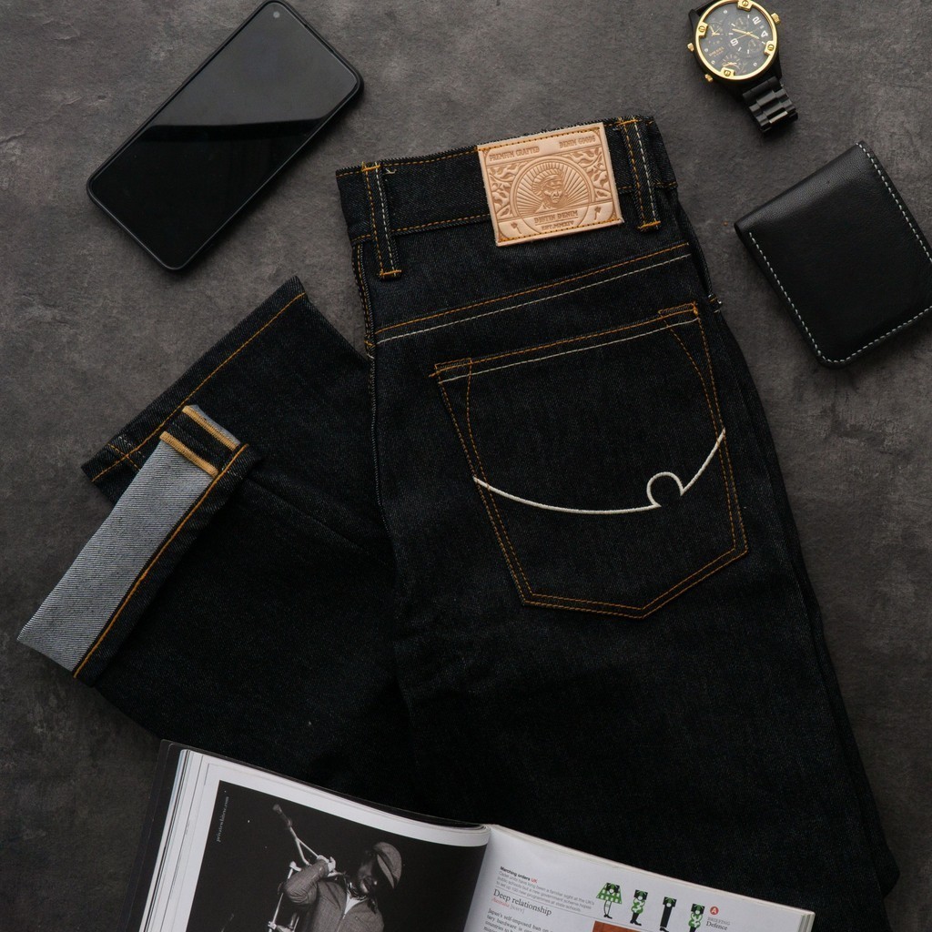 BLACK X BROWN DENIM 13OZ - Selvedge Accent Blue Black Denim Stretch 13oz กางเกงยีนส์ดิบ
